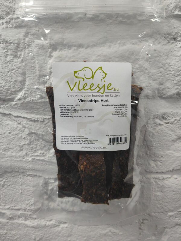348936f5c6c555135f3edb9ac82ec92d Vleesje vleesstrips Hert zak 100 gram