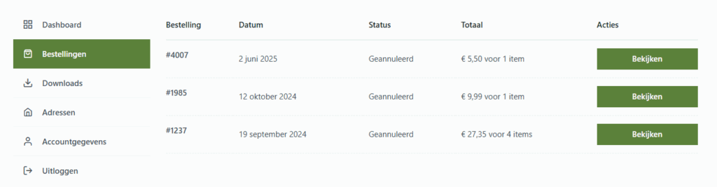 Overzicht mijn account pagina